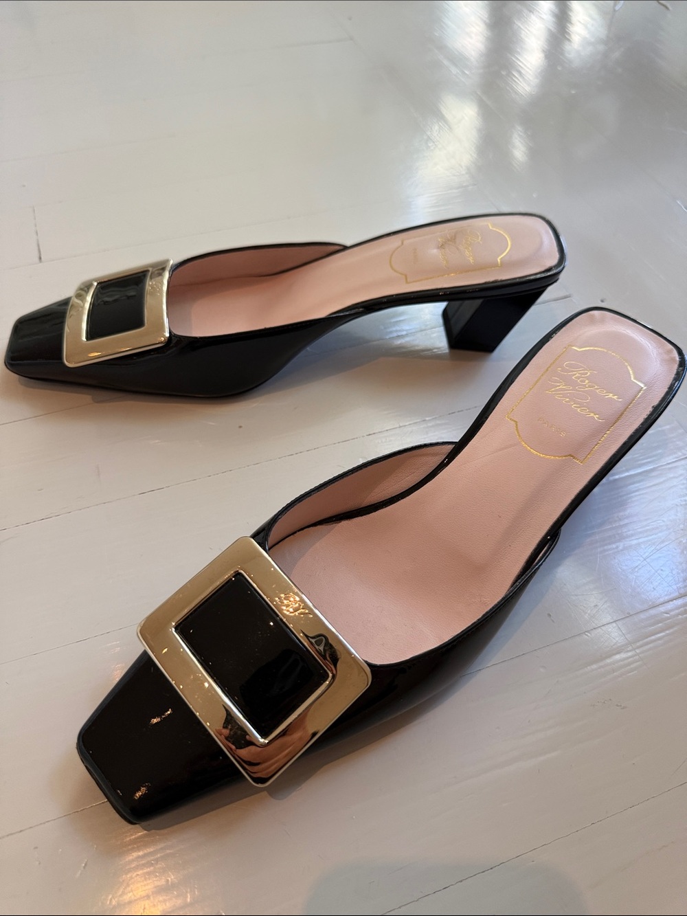 Roger Vivier Black Patent Buckle Mule Heels Size 38